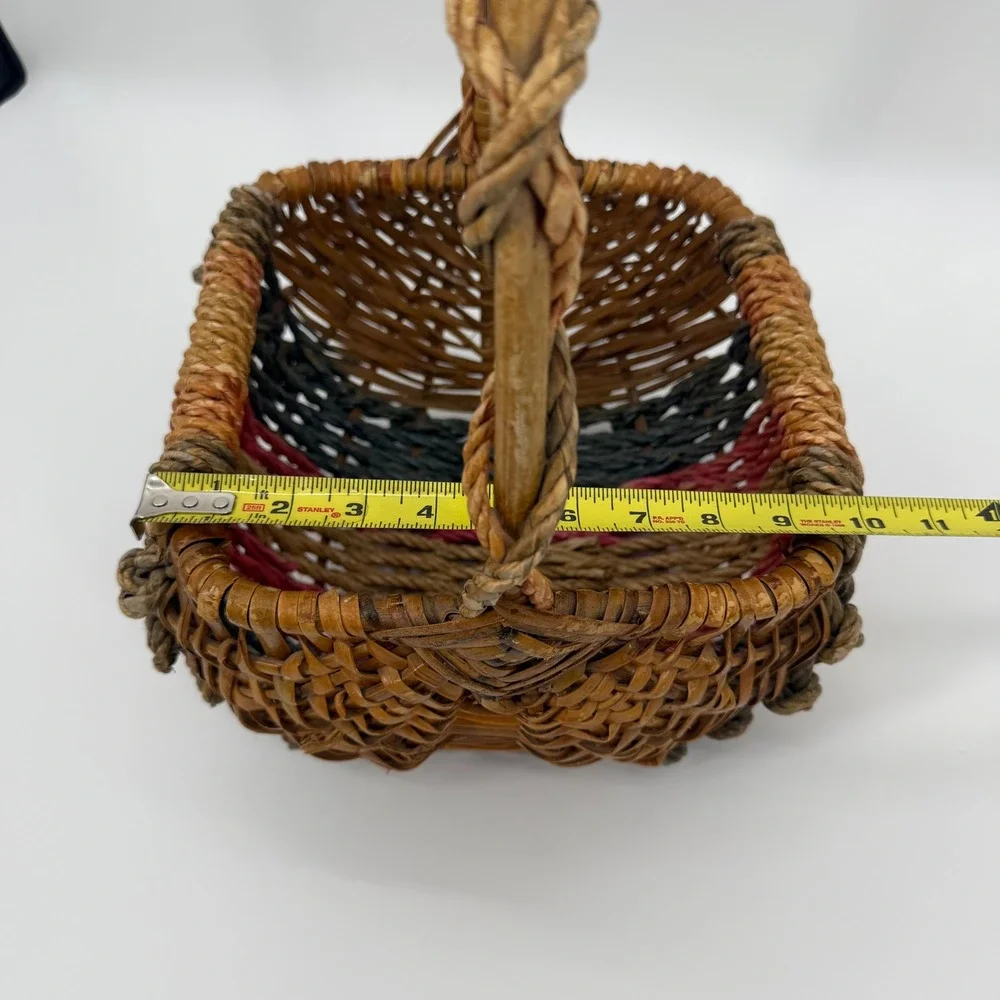 Vintage Multi-Tonal Woven Wicker Basket with Twisted Handle Square Base Rustic